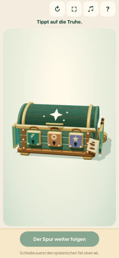 The closed teal chest with three different locks